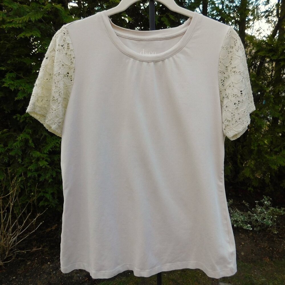 Denim & Co. Roundneck Tee with Lace Sleeves Sz-S